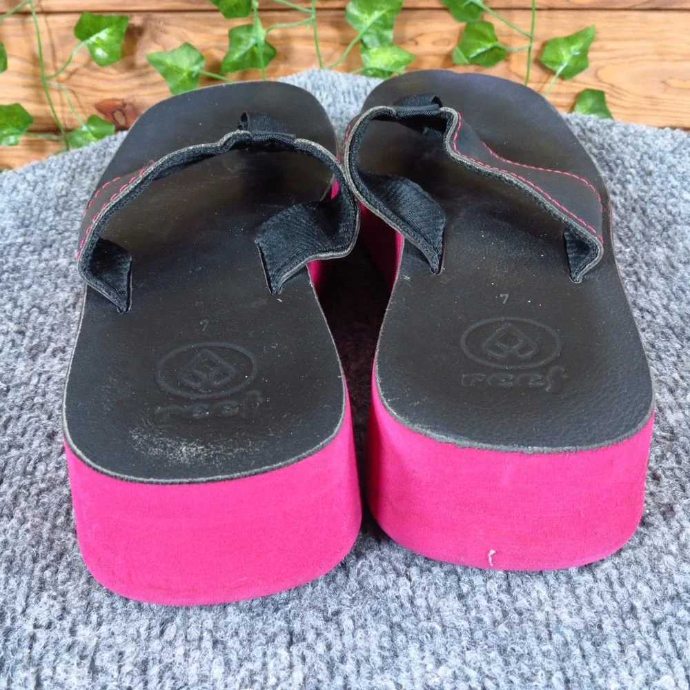 Reef Ginger Platform Women Sandals Sz 7 Beach Pink Black Leather Thong Flip Flop
